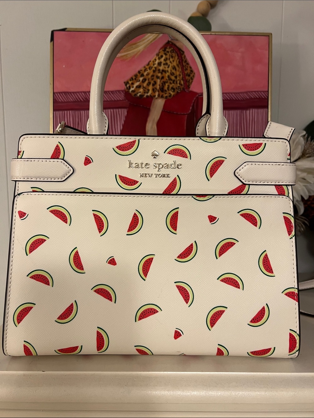 Kate Spade Staci Medium Top Zip Satchel Crossbody Watermelon Cream Print Bag